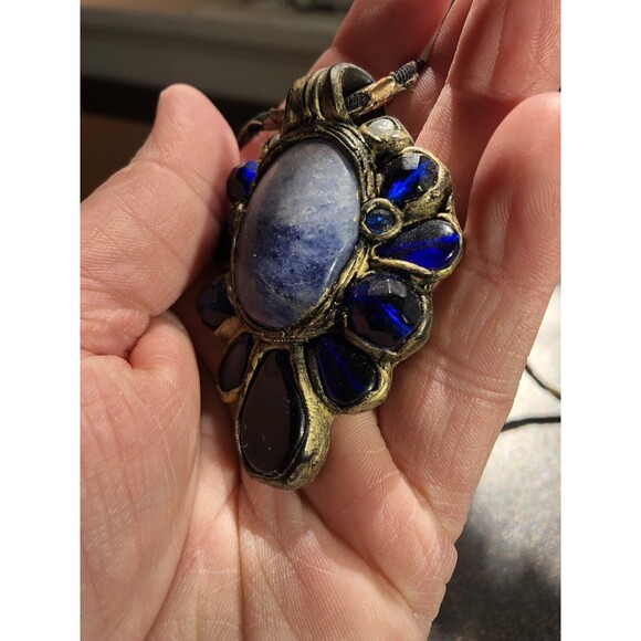 NECKLACE Sodalite And Lapis Lazuli Flower Pendant Handmade/Signed By Artisan - Picture 6 of 14